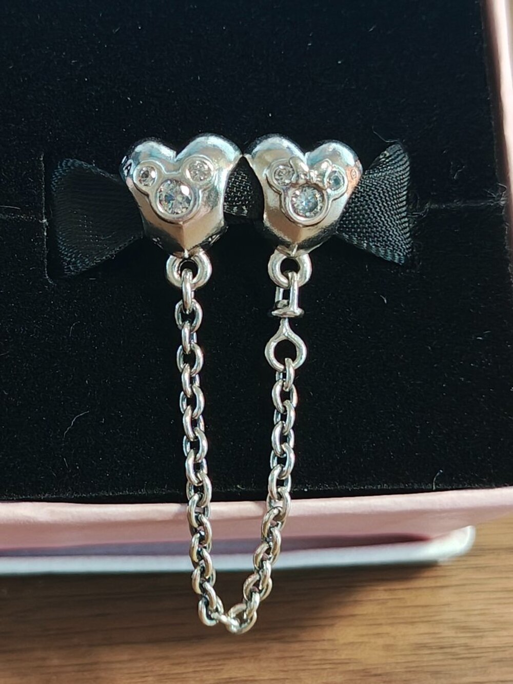 Authentic Pandora Disney Heart of Mickey & Minnie Safety Chain 791704CZ Sterling